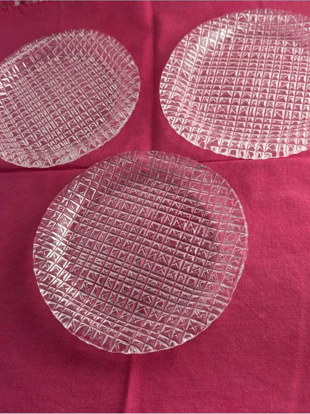 Vintage Round Pressed Glass Plates 6.5” Diamond Set of 3